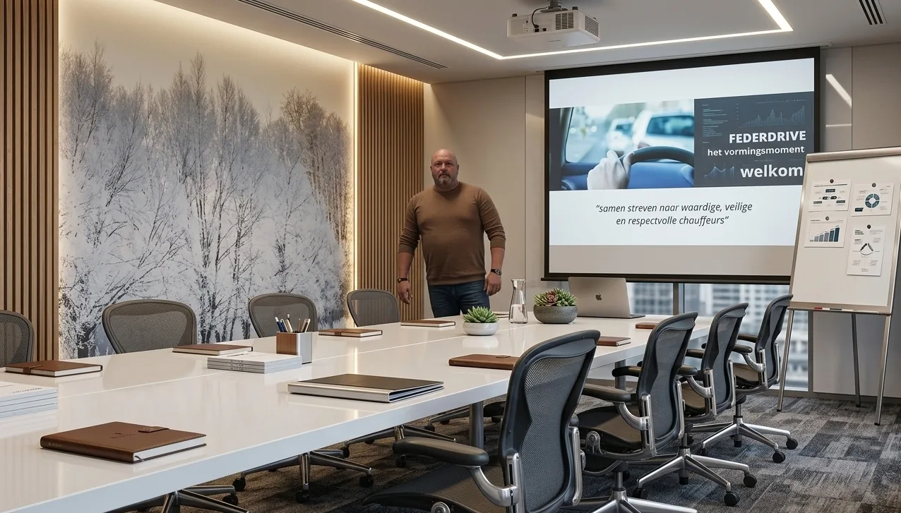 Theorielokaal van Rijschool Just Safe met vergadertafel en scherm voor de theorieles
